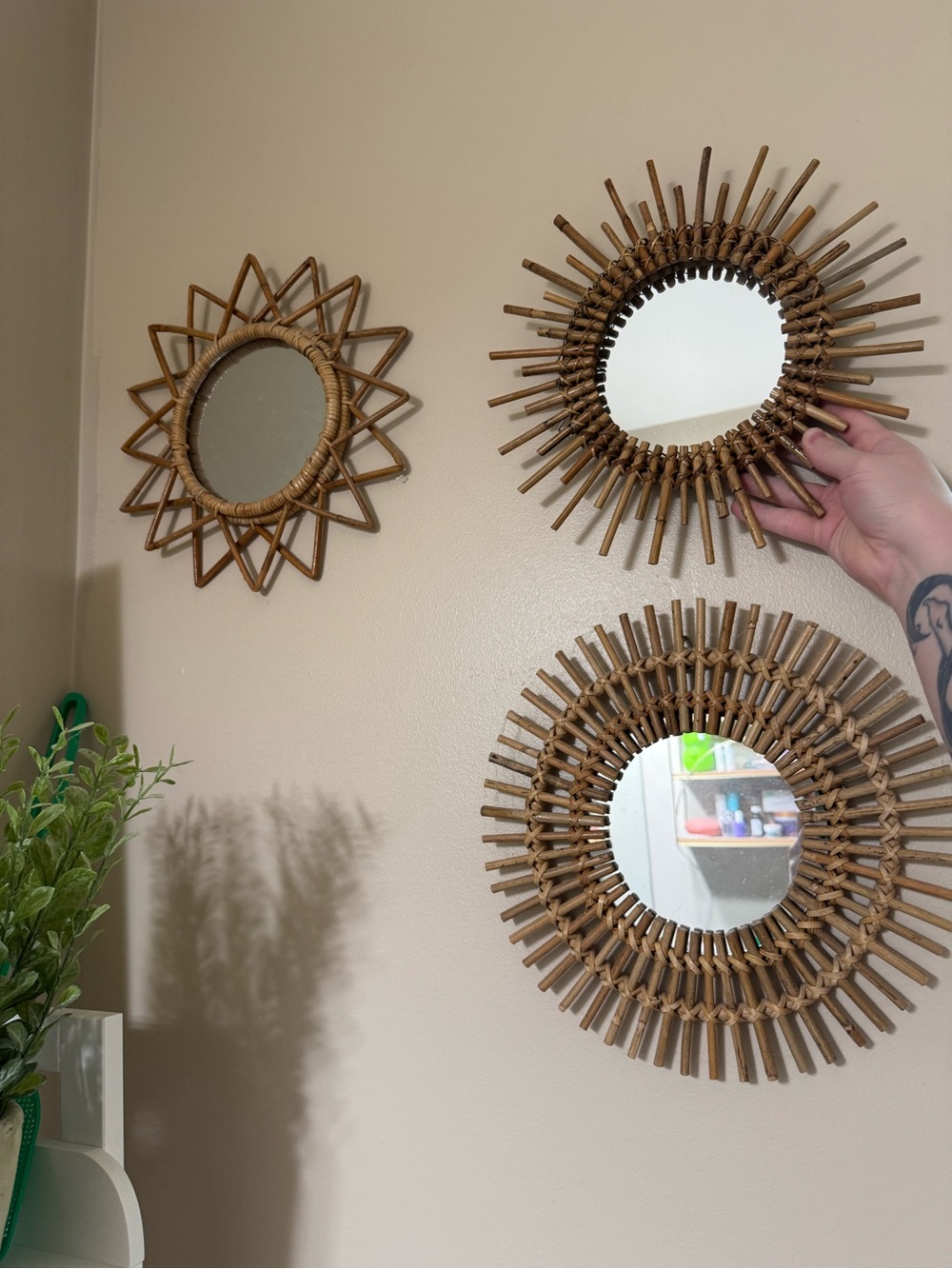 Set of 3 Natural Brown Rattan Sunburst Wall Mirrors